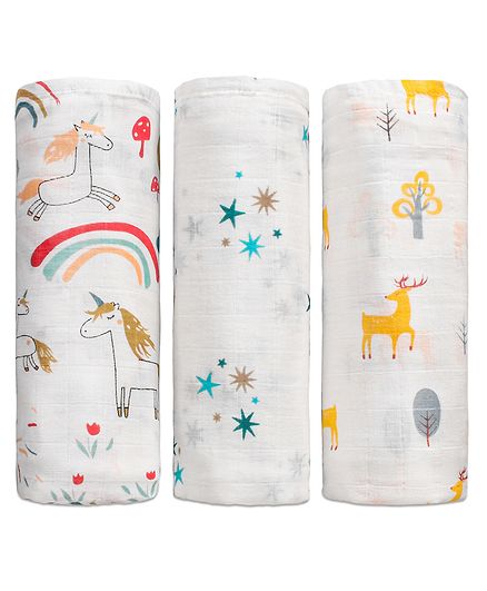Zoe Premium Organic Muslin Cotton 2 Layer Multipurpose Wrapper Animal Print Pack of 3 - Multicolor