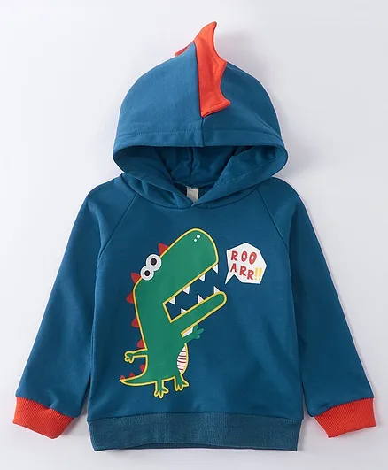 Kookie Kids Full Sleeves Hooded Sweatshirt Dino Print - Navy Blue