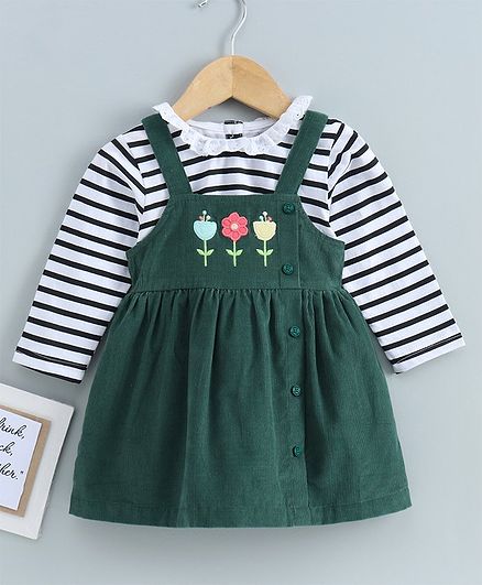 Babyoye Cotton Corduroy Frock With Full Sleeves Stripe Tee Floral Embroidery - Green White
