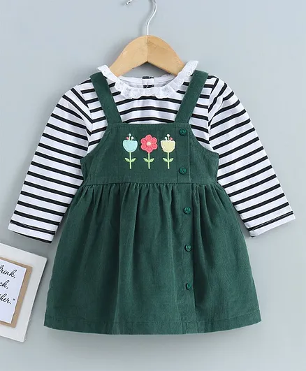 Babyoye Cotton Corduroy Frock With Full Sleeves Stripe Tee Floral Embroidery - Green White