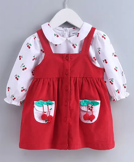 Babyoye Dungaree Style Cotton Frock with Peasant Sleeves Inner Tee Cherry Print - Red