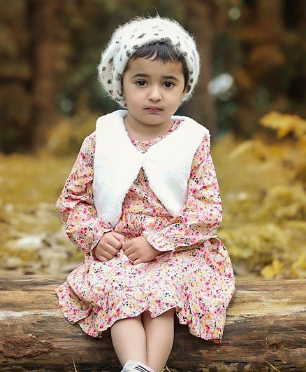 Babyoye Cotton Mix Full Sleeves Frock With Shrug Floral Print - Pink White