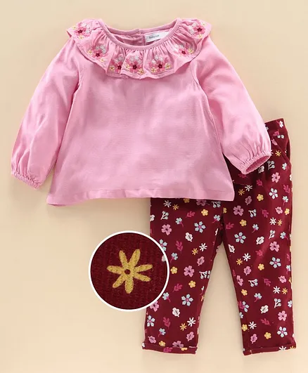 Babyoye Cotton Full Sleeves Tee & Lounge Pant Floral Print - Pink Red