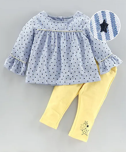 Babyoye Full Sleeves Top & Bottom Star Print - Blue Yellow