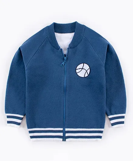 Kookie Kids Full Sleeves Front Open Sweater Ball Patch - Blue
