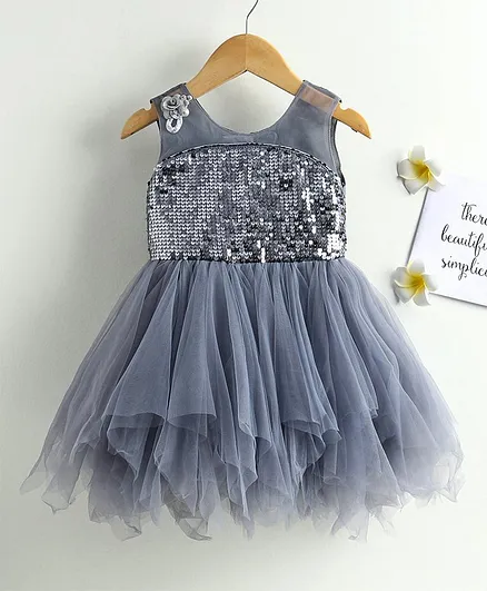 Babyhug Sleeveless Party Frock Sequin Design - Grey