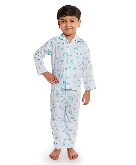Fuzzy Bear Full Sleeves Dog Print Night Suit - Blue