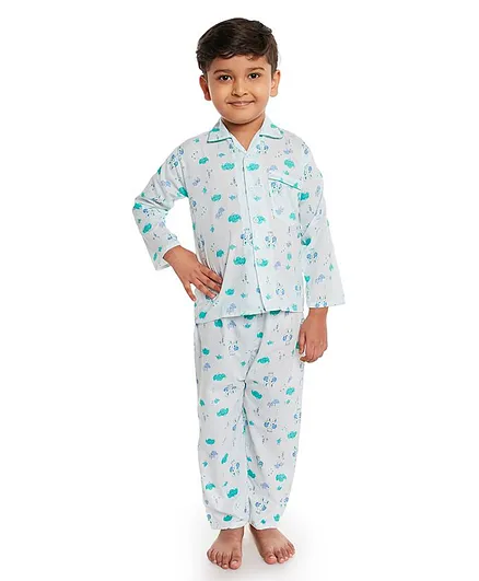 Fuzzy Bear Full Sleeves Dog Print Night Suit - Green