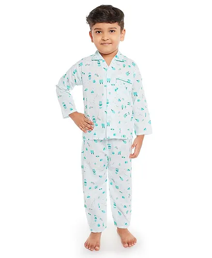 Fuzzy Bear Full Sleeves Ice Cream Print Night Suit - Green