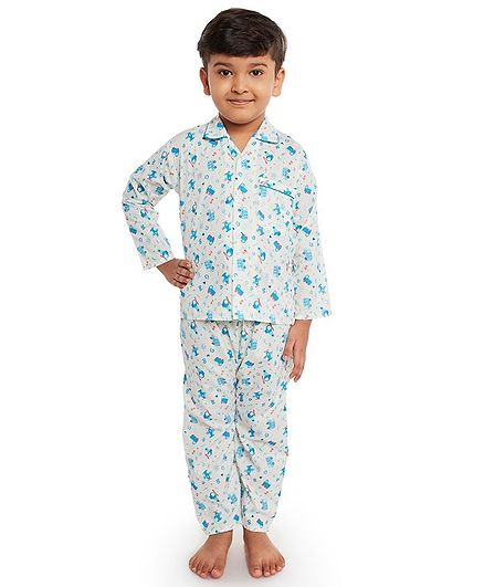 Fuzzy Bear Cars Printed Full Sleeves Night Suit - Off White & Blue