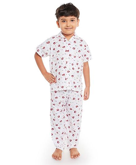 Fuzzy Bear Half Sleeves Printed Night Suit - White & Red