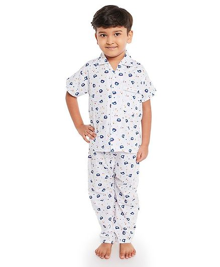 Fuzzy Bear Half Sleeves Printed Night Suit - White & Blue
