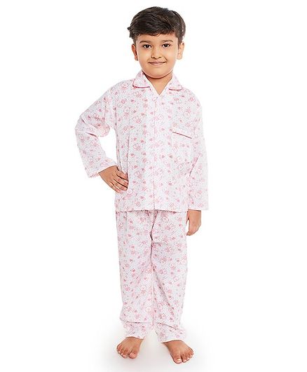 Fuzzy Bear All Over Teddy Bear Printed Full Sleeves Night Suit - White & Pink