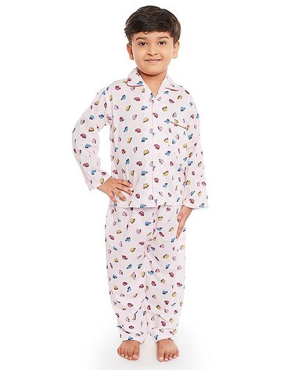 Fuzzy Bear All Over Car Printed Full Sleeves Night Suit - Pink
