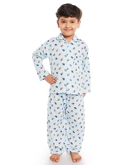 Fuzzy Bear All Over Car Printed Full Sleeves Night Suit - Light Blue