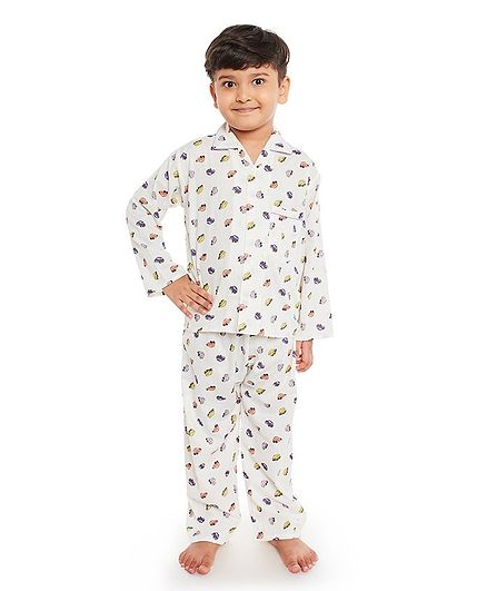 Fuzzy Bear All Over Car Printed Full Sleeves Night Suit - Off White