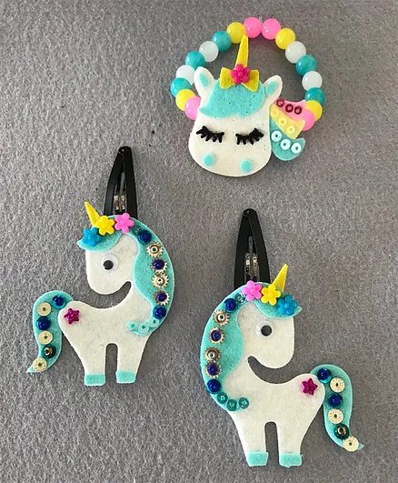 Kalacaree Unicorn Set Of Two Hair Clips With Beaded Bracelet - Blue