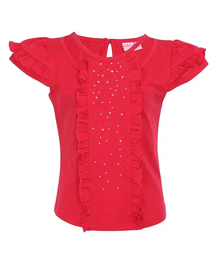 Cutecumber Beads Embellished Short Sleeves Top - Red