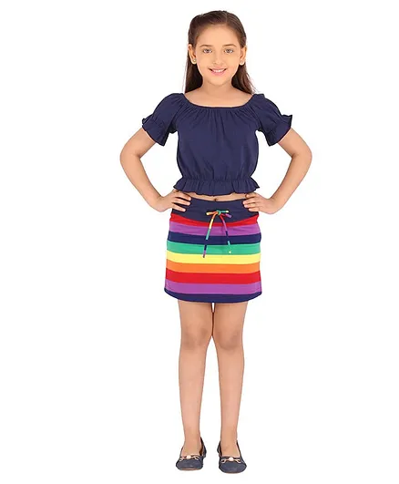 Cutecumber Half Puffed Sleeves Top With Striped Skirt - Blue