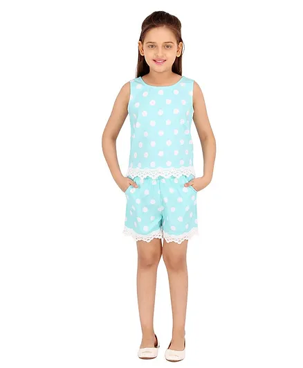 Cutecumber Sleeveless Polka Dot Print Top With Shorts - Blue