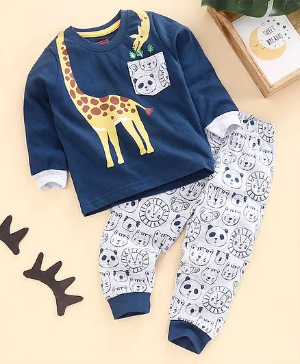 Babyhug Full Sleeves Nightsuit Animal Print - Navy Blue
