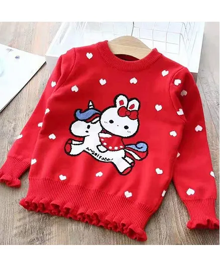 Kookie Kids Full Sleeves Pullover Unicorn Design - Red