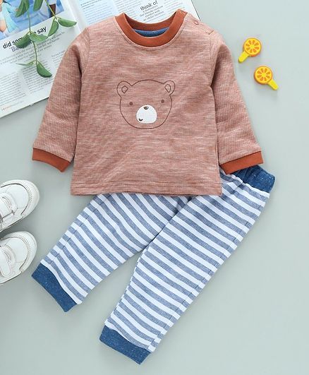 ToffyHouse Full Sleeves Winter Wear Tee & Striped Lounge Pant Bear Print - Brown Blue