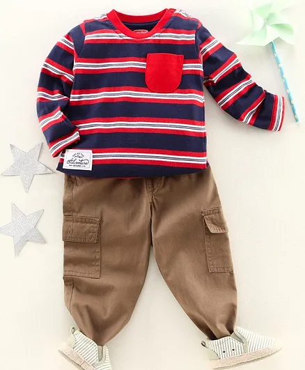 Babyhug Full Sleeves Striped T-Shirt & Pant Set - Navy Brown