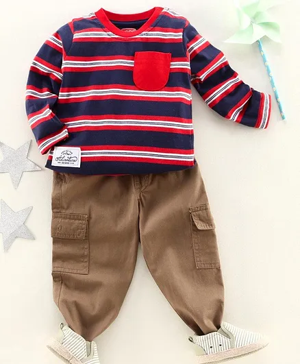 Babyhug Full Sleeves Striped T-Shirt & Pant Set - Navy Brown