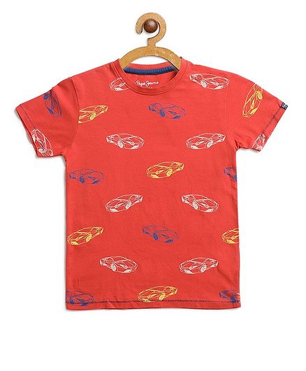 Pepe Jeans Half Sleeves Cars Print Tee - Orange
