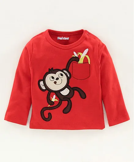 Mom's Love Full Sleeves Cotton T-Shirt Monkey Embroidery - Red