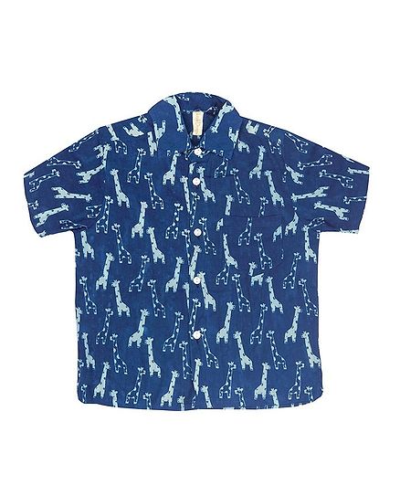 Ikeda Designs Half Sleeves Giraffe Print Hand Print Shirt - Blue