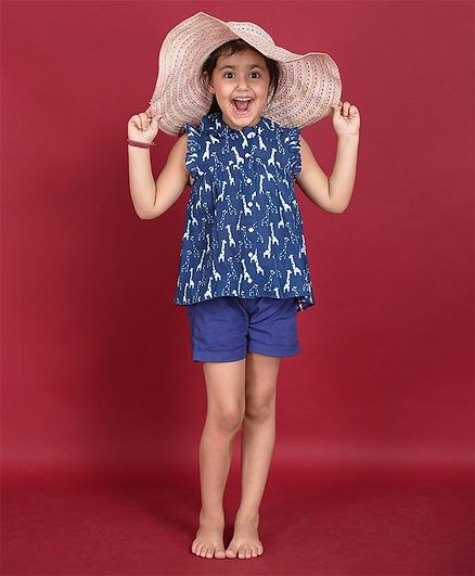 Ikeda Designs Giraffe Block Print Sleeveless Top With Ruffles - Blue