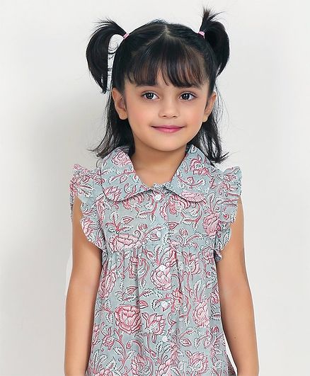 Ikeda Designs Floral Block Print Sleeveless A Line Top With Ruffles - Pink