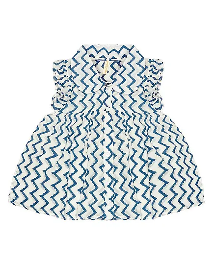 Ikeda Designs Zigzag Block Print Sleeveless Top With Ruffles - White