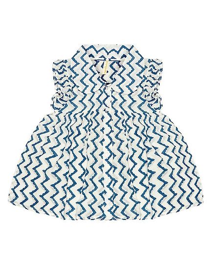 Ikeda Designs Zigzag Block Print Sleeveless Top With Ruffles - White