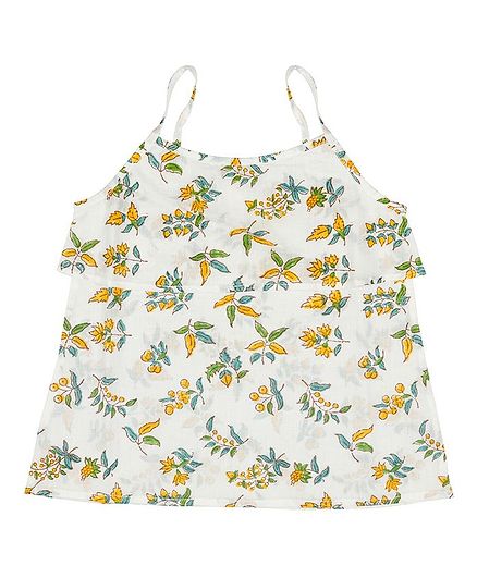 Ikeda Designs Floral Block Print Spaghetti Sleeveless Top - White