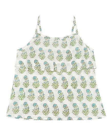 Ikeda Designs Floral Block Print Spaghetti Sleeveless Top - White