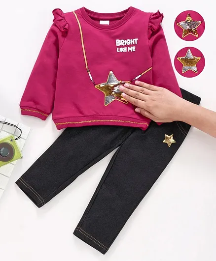 Babyhug Full Sleeves Top & Leggings Reversible Star Sequin - Pink Black