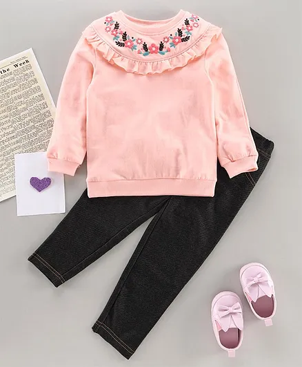 Babyhug Full Sleeves Top & Leggings Floral Embroidered - Peach Black