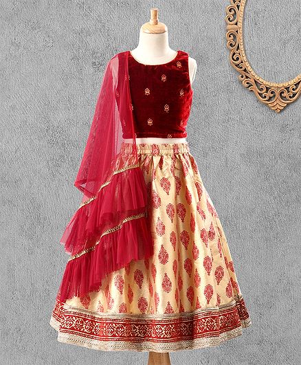 Babyhug Sleeveless Velvet Choli with Lehenga & Dupatta - Maroon & Ivory