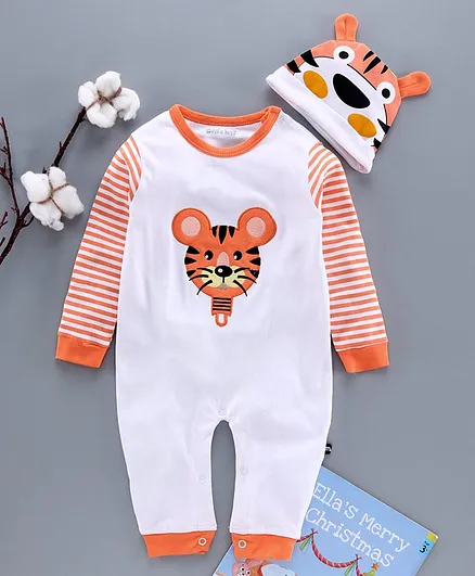 Mom's Love Full Sleeves Romper With Cap Tiger Embroidery - White Orange
