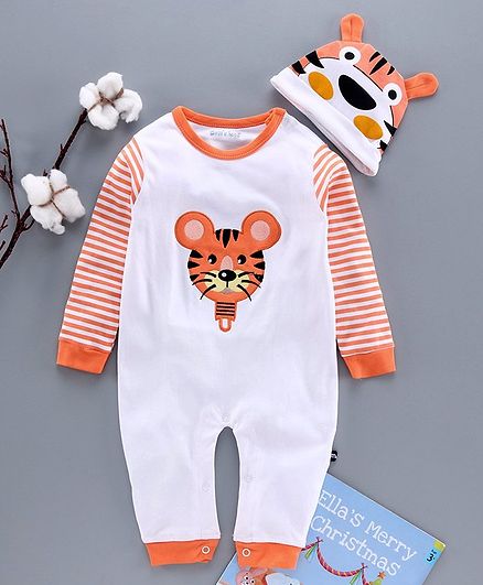 Mom's Love Full Sleeves Romper With Cap Tiger Embroidery - White Orange