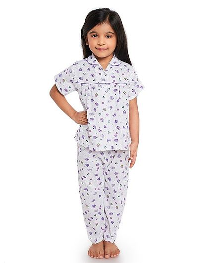 Fuzzy Bear All Over Cupcake Printed Half Night Suit - White & Purple