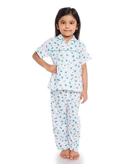 Fuzzy Bear All Over Cupcake Printed Half Night Suit - White & Blue