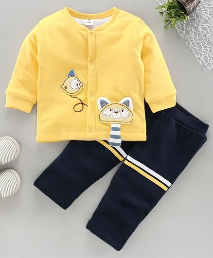 Little Folks Full Sleeves Tee & Lounge Pant Fish Patch - Yellow Navy