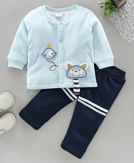 Little Folks Full Sleeves Tee & Lounge Pant Fish Patch - Blue