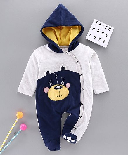 Little Folks Full Sleeves Hooded Footed Romper Monkey Embroidery - Grey Navy Blue