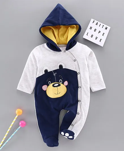 Little Folks Full Sleeves Hooded Footed Romper Monkey Embroidery - Grey Navy Blue