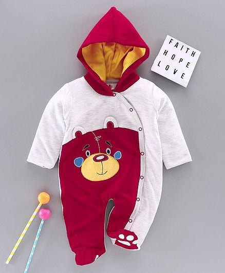 Little Folks Full Sleeves Hooded Footed Romper Monkey Embroidery - Grey Red